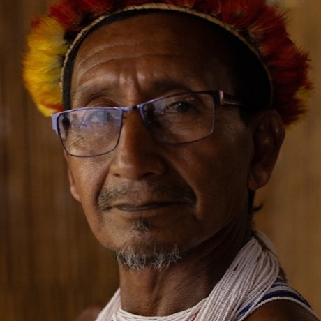 Maestro Don Juan Bolívar wearing a feathered corona, Venezuelan Amazon